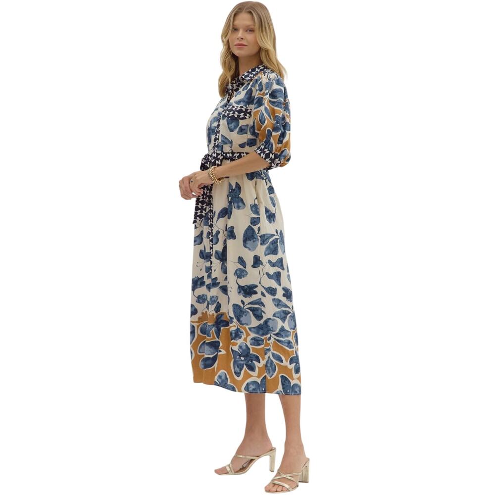NWT Entro Botanical Print Midi Shirt Dress Belted Pockets Lined Large - Picture 2 of 3